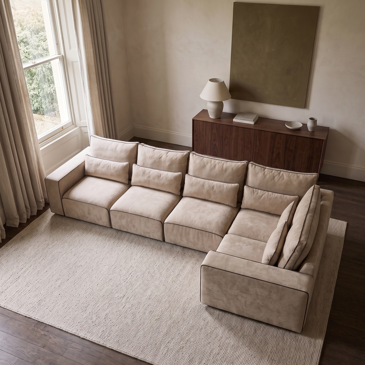 Maison 5 Piece Modular Single Corner Sofa from an elevated camera angle showing the seating layout and fabric