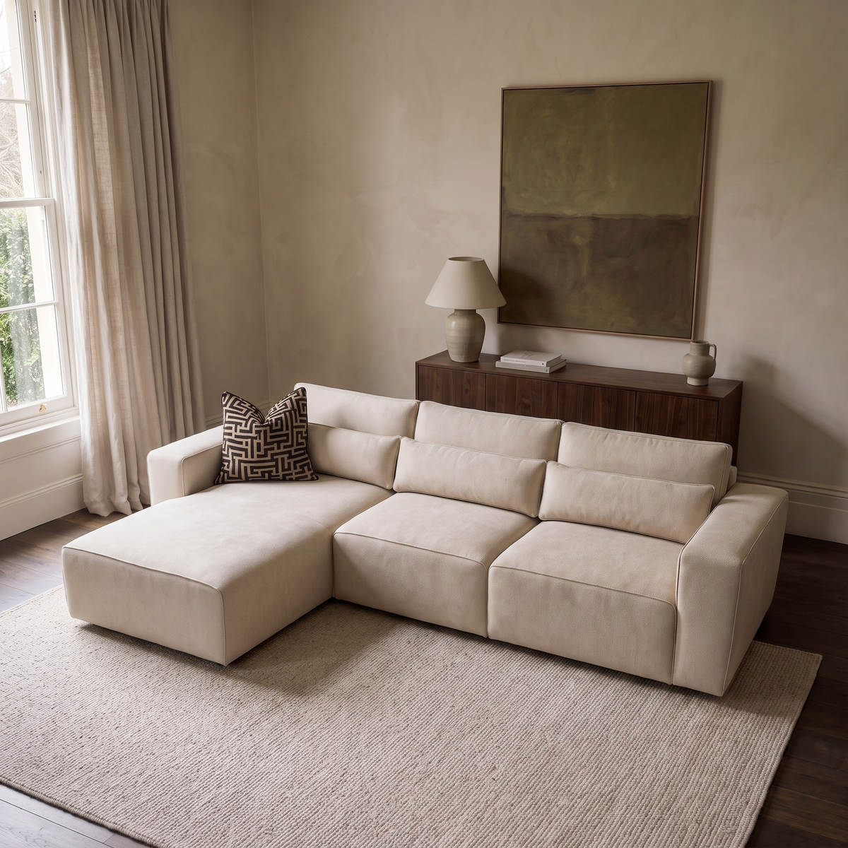 Maison 3 Seater Chaise Sofa viewed from above in a warm neutral living room