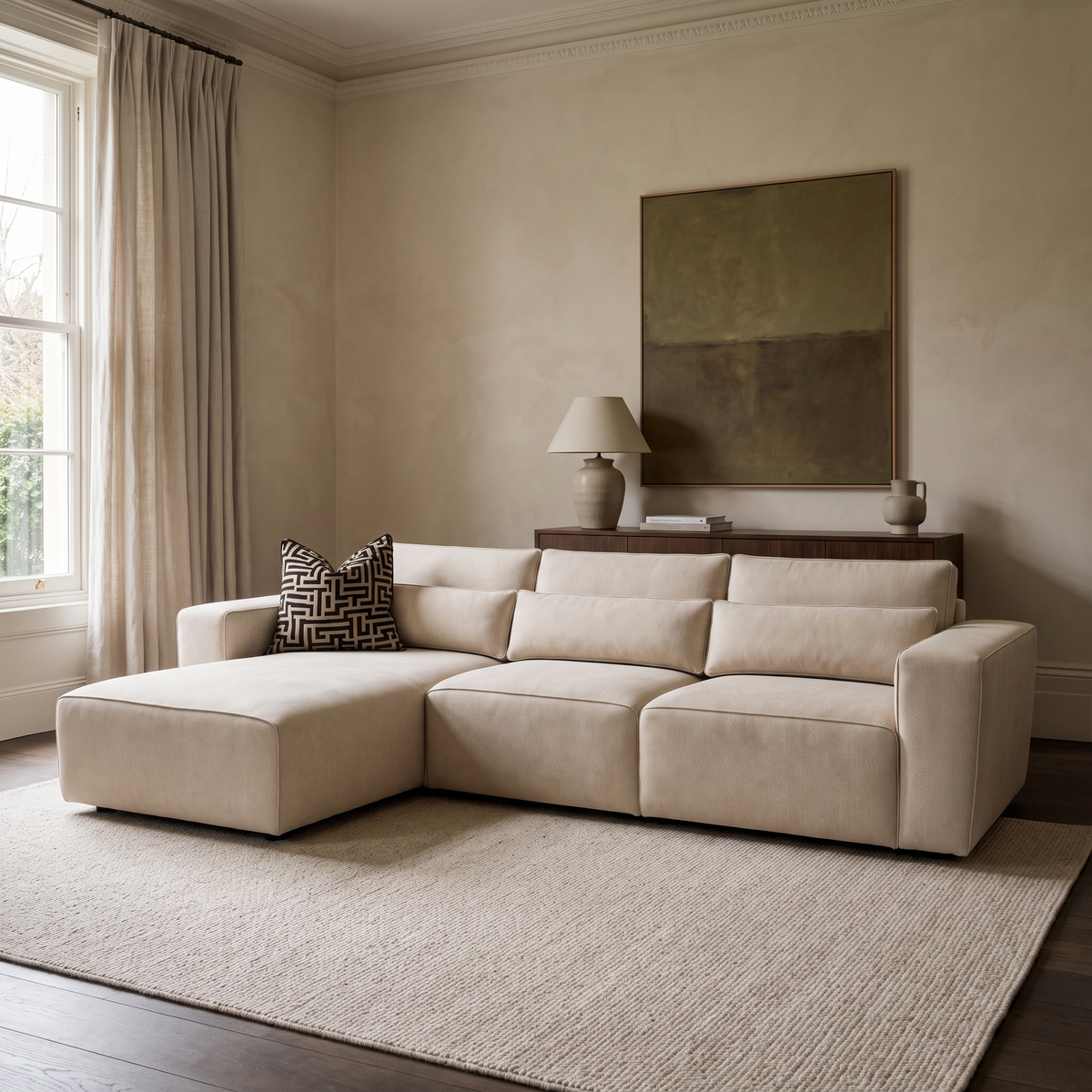 Maison 3 Seater Chaise Sofa in a warm neutral living room with natural window light