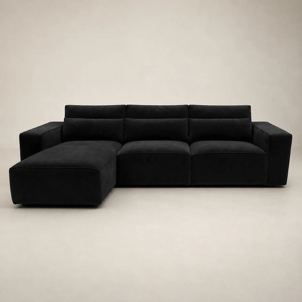 Black velvet L-shaped sectional sofa with chaise lounge, modern luxury living room furniture
