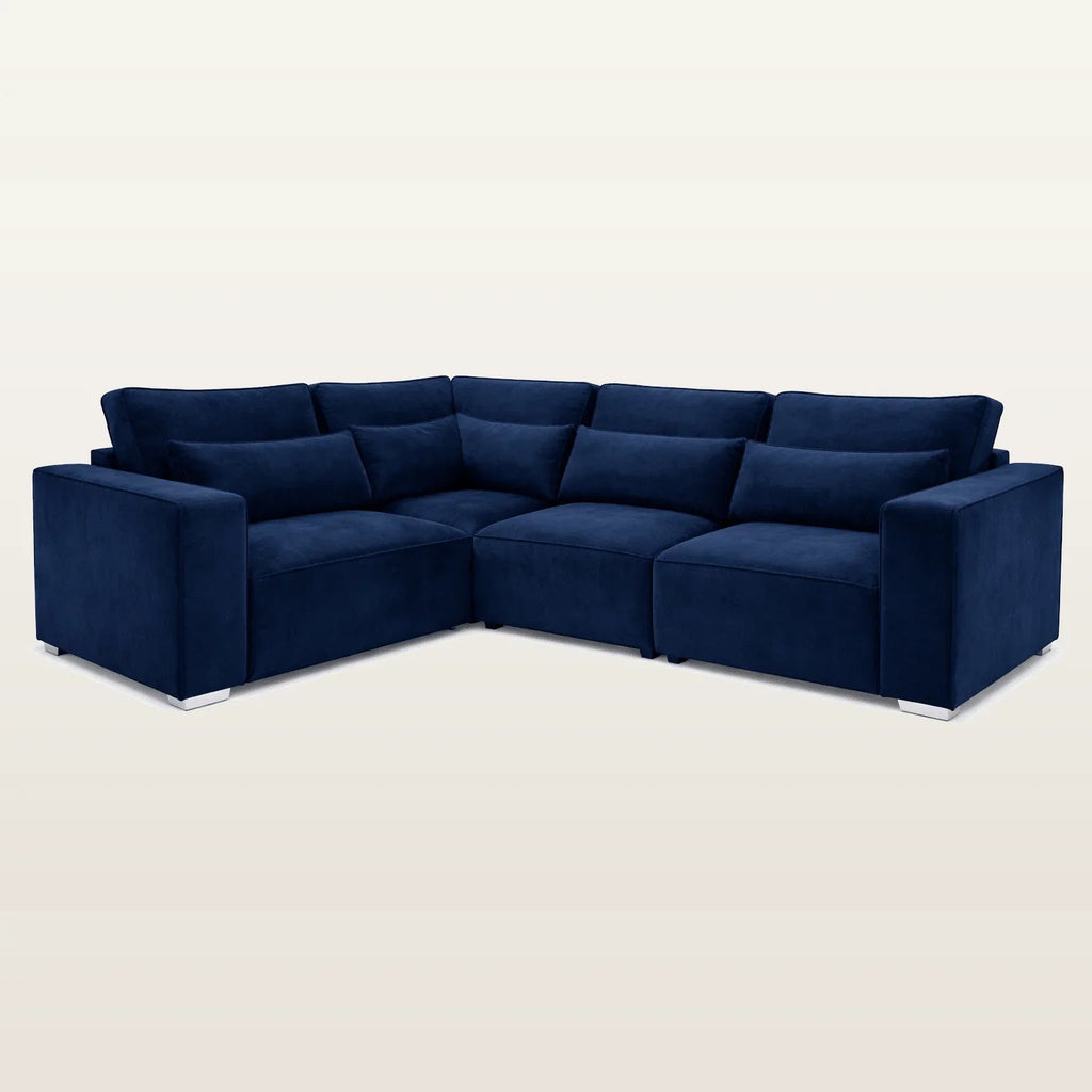 Luxury navy blue velvet corner sofa with plush cushions and modern design