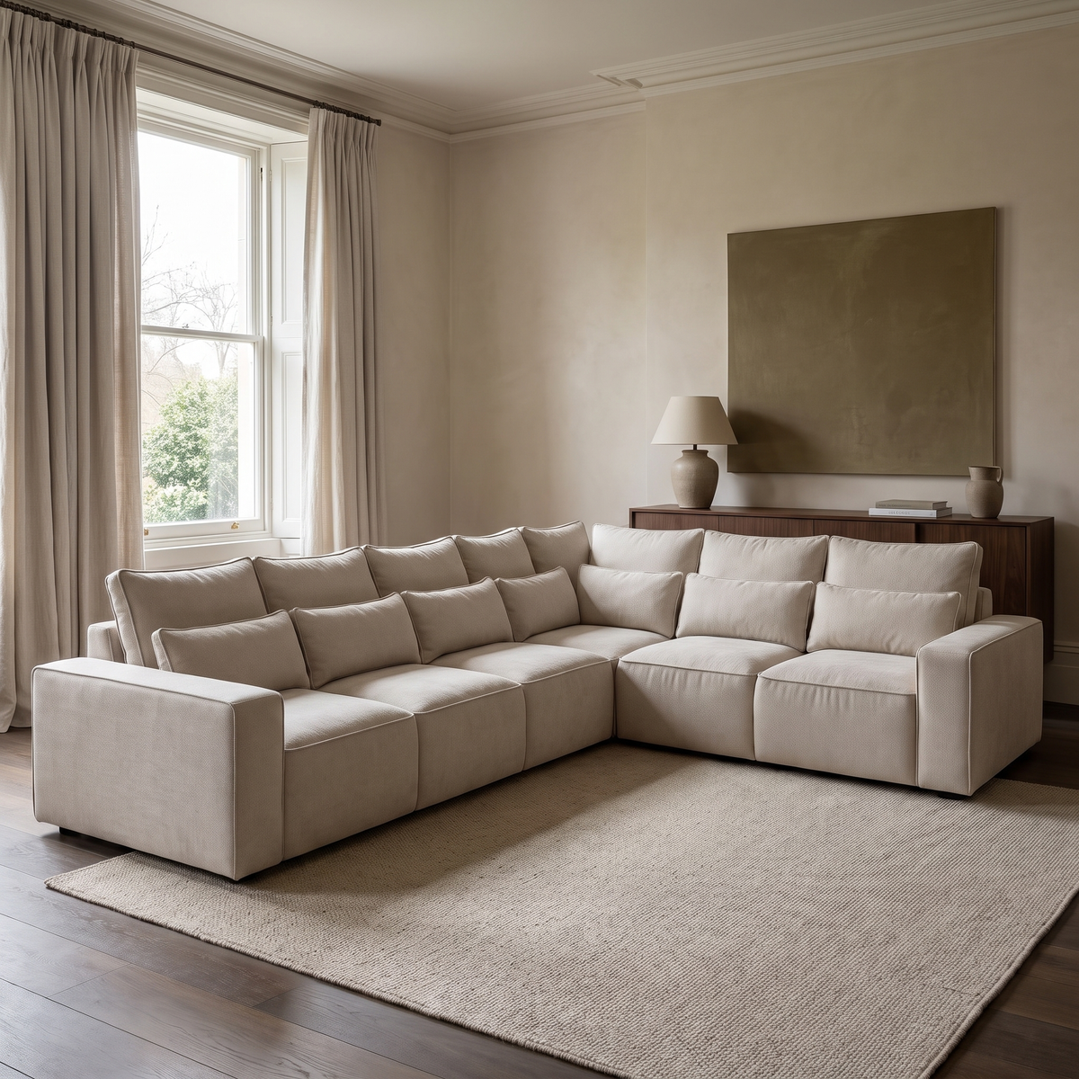 Maison 6 Piece XL Modular Corner Sofa - Closed End in a warm neutral living room with natural window light