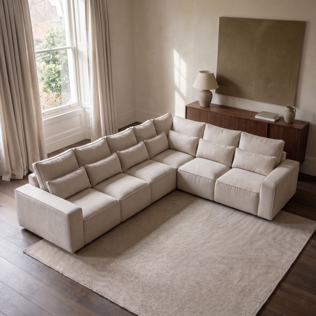 Maison 6 Piece XL Modular Corner Sofa - Closed End from an elevated camera angle showing the seating layout and fabric