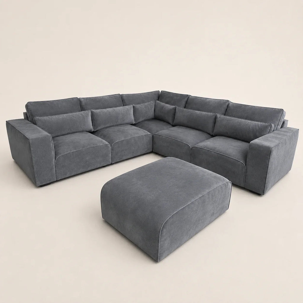 Grey modular sectional sofa with matching ottoman, luxury living room furniture