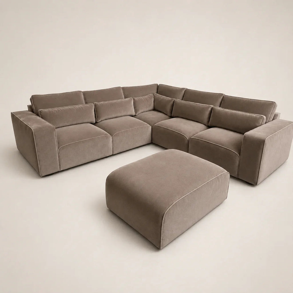 Luxury grey velvet sectional sofa with matching ottoman, modern modular design for living room comfort
