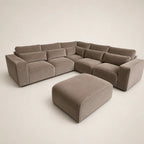 Luxury grey velvet sectional sofa with matching ottoman, modern modular design for living room comfort
