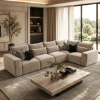 Luxury beige sectional sofa with black throw pillows in modern living room, perfect for UK homes