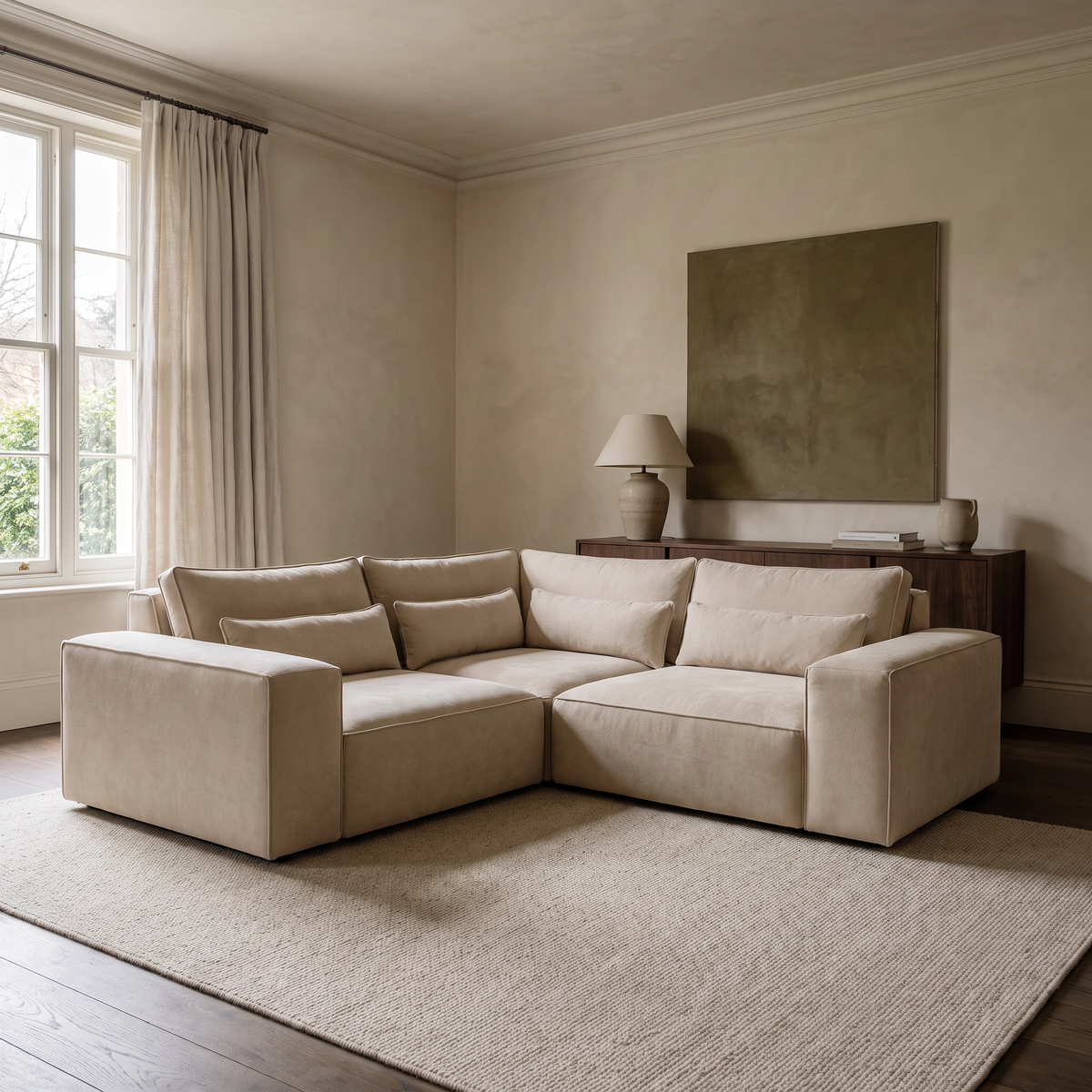 Maison Modular Small Double Corner Sofa in a warm neutral living room with natural window light