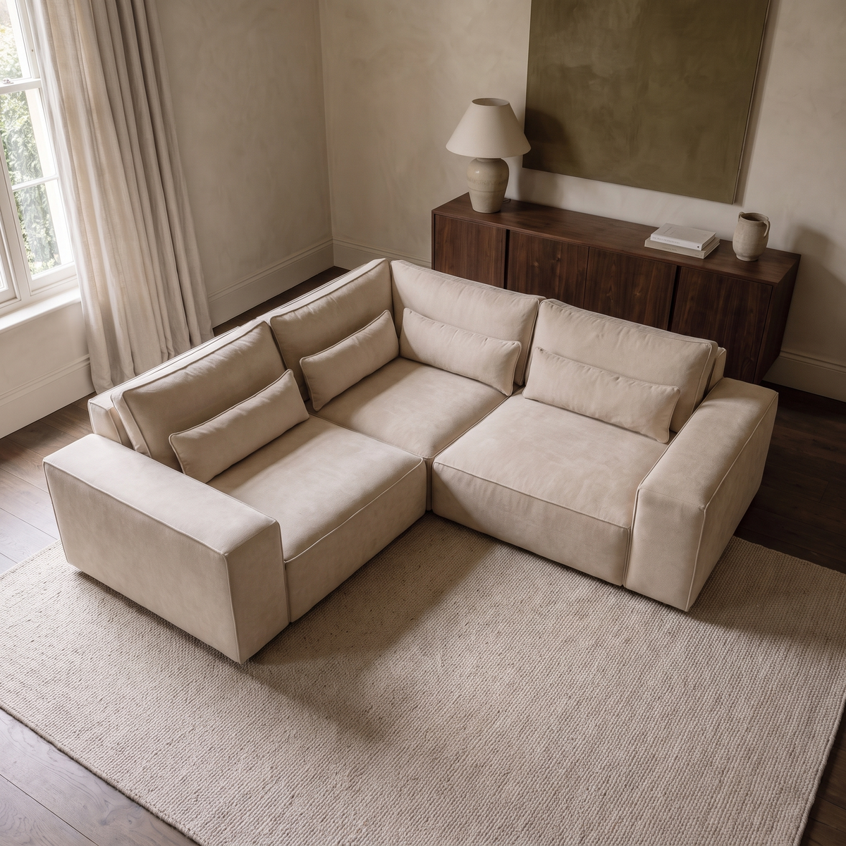 Maison Modular Small Double Corner Sofa from an elevated camera angle showing the seating layout and fabric