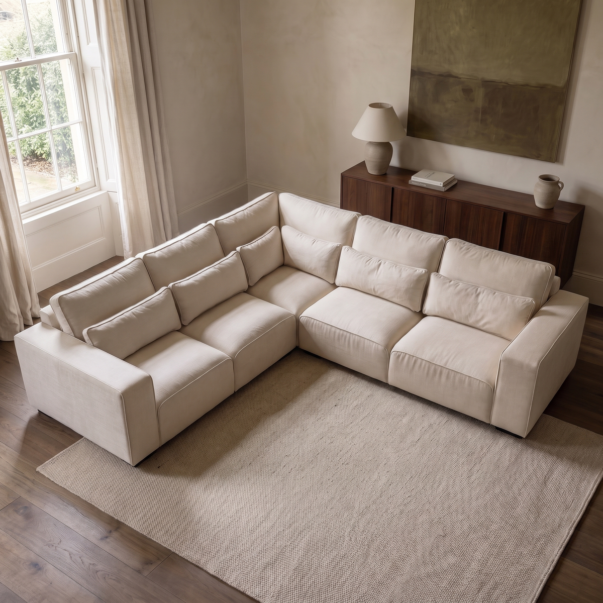 Maison 5 Piece Double Corner Sofa viewed from above in a warm neutral living room