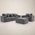 Modern grey velvet sofa set with matching armchair and ottoman for luxury living room