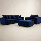 Luxury navy blue velvet sofa set with matching armchair and ottoman for modern living rooms