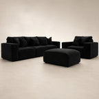 Black velvet luxury sofa set with matching armchair and ottoman for modern living room