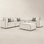 Modern white sectional sofa with black piping, matching armchair and ottoman, luxury living room furniture set