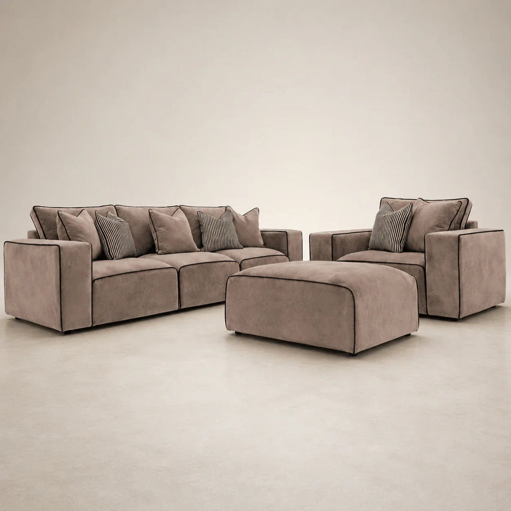 Luxury grey velvet sofa set with matching armchair and ottoman, modern living room furniture