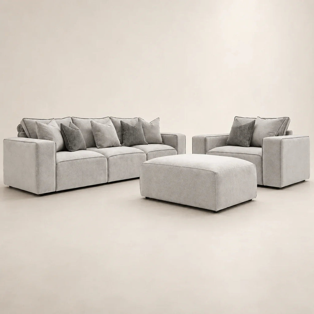 Modern grey sectional sofa with matching armchair and ottoman, luxury living room furniture set