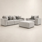 Modern grey sectional sofa with matching armchair and ottoman, luxury living room furniture set