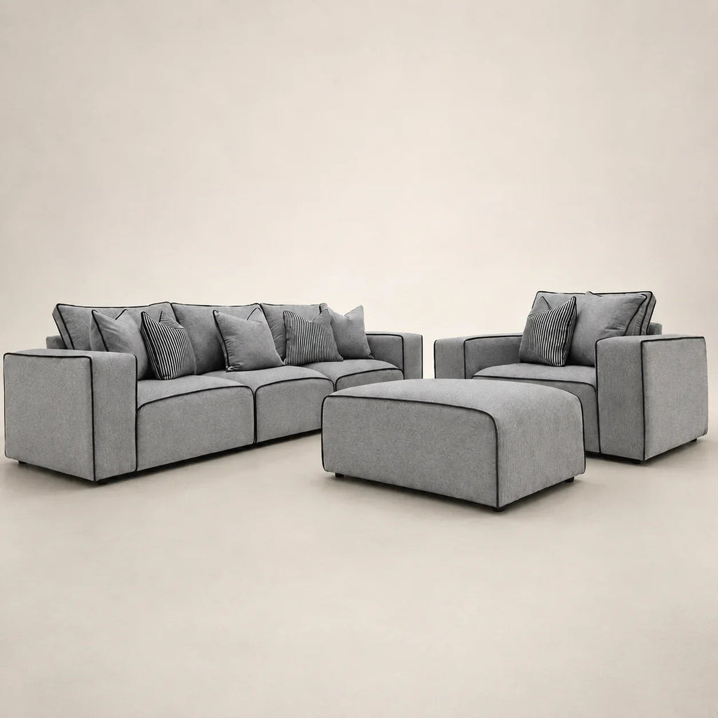 Modern grey sectional sofa with matching armchair and ottoman, luxury living room furniture set