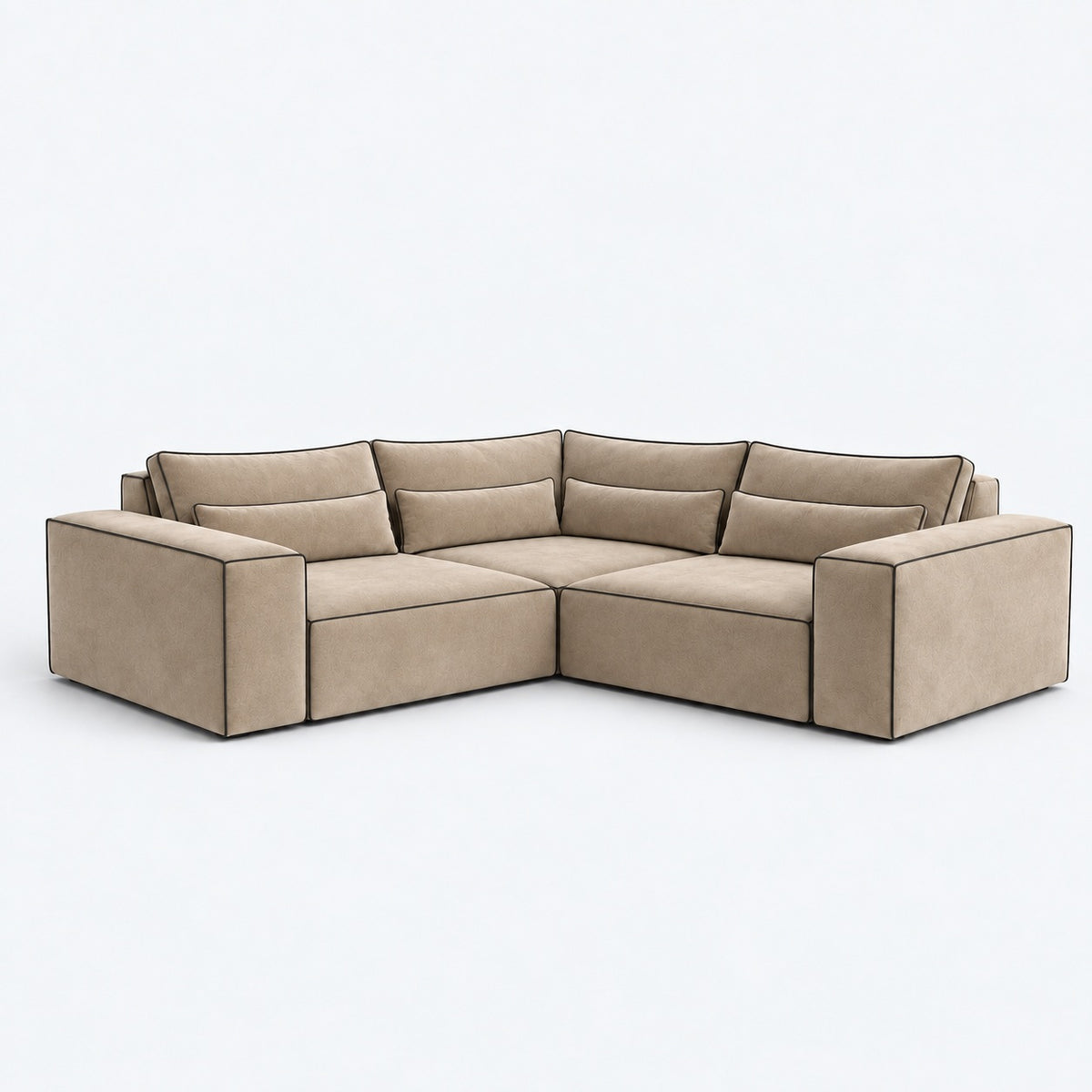 Maison Small Double Corner Sofa in Caramel Mars with lumbar cushions and black piping