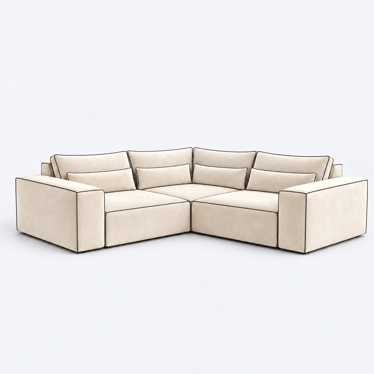 Maison Small Double Corner Sofa in White Truffle with lumbar cushions and black piping