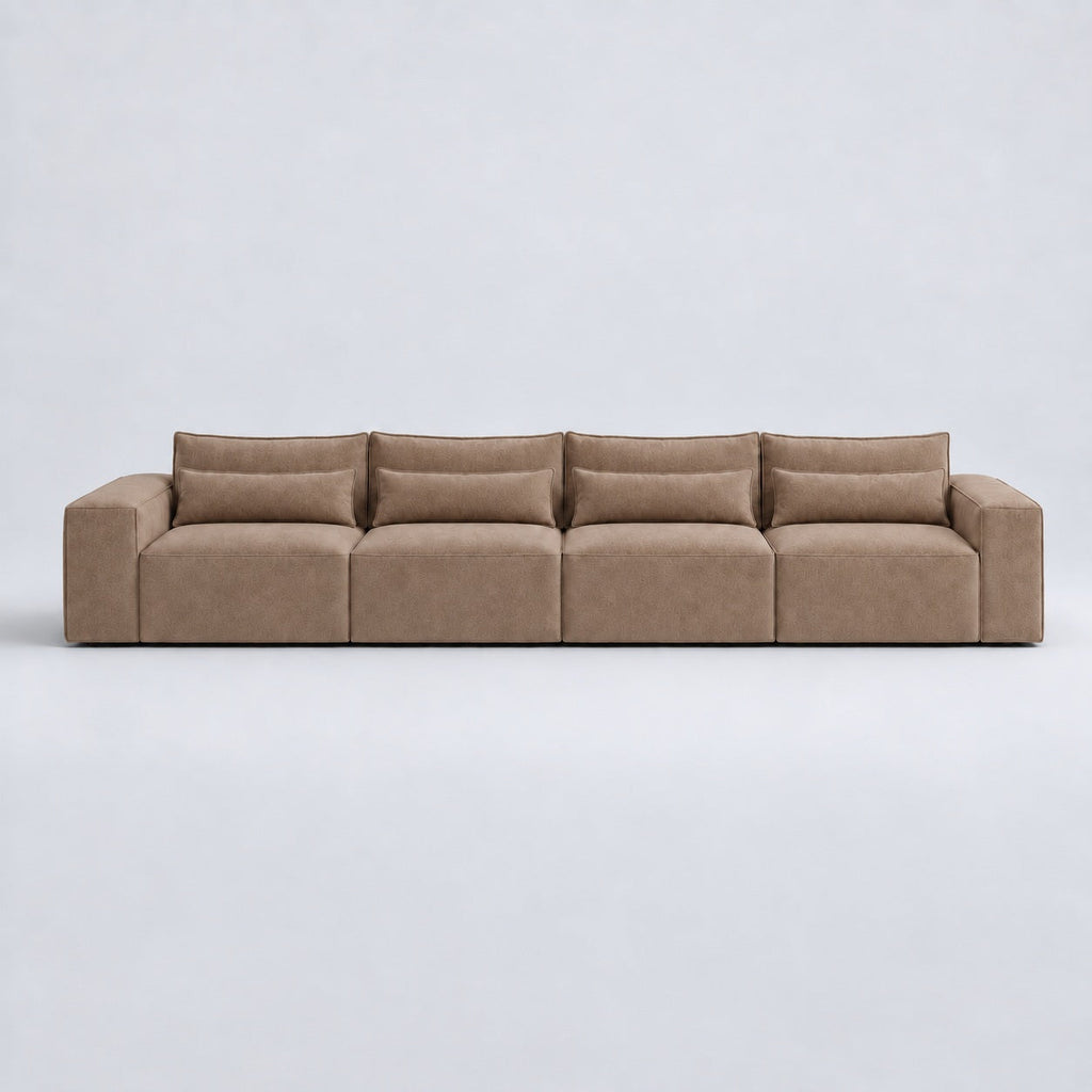 Maison XXL Sofa — Champagne Mink, lumbar support cushions and rounded piping