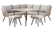Luxury outdoor wicker sofa set with glass table and matching stools, perfect for patio dining