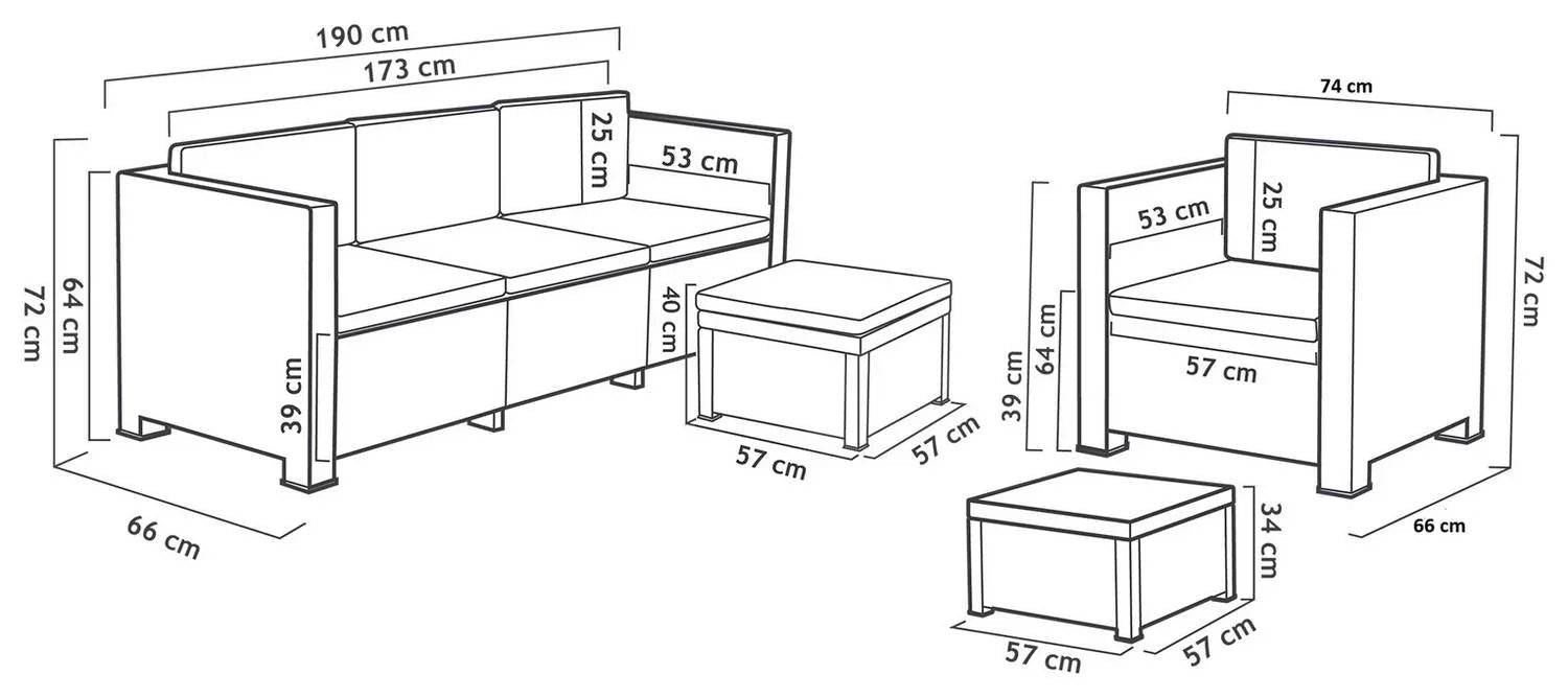 Sofa set dimensions diagram with 3-seater, armchair, and ottomans for luxury living room furniture