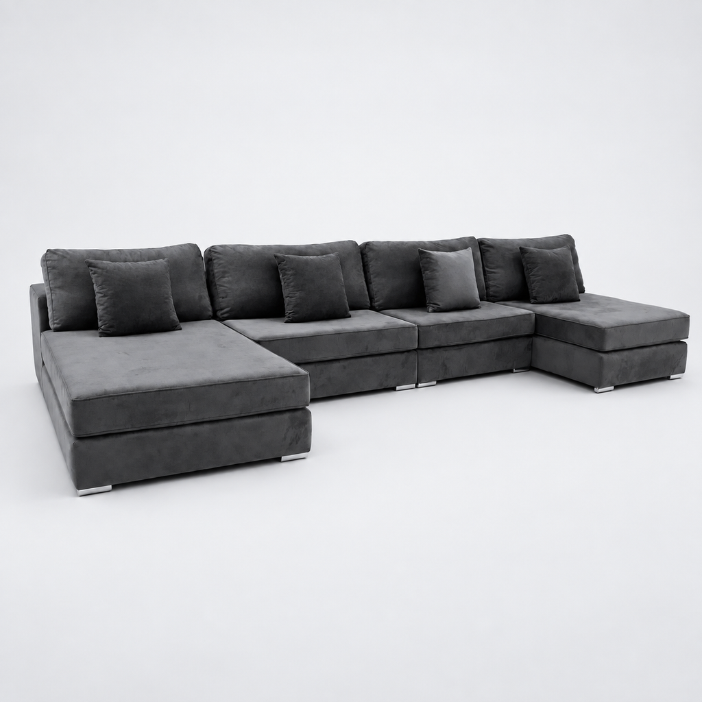 Marcelo Cinema Sofa in Smoked Steel on a cold light grey studio background