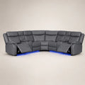 Grey leather corner recliner sofa with blue LED lighting and cup holders