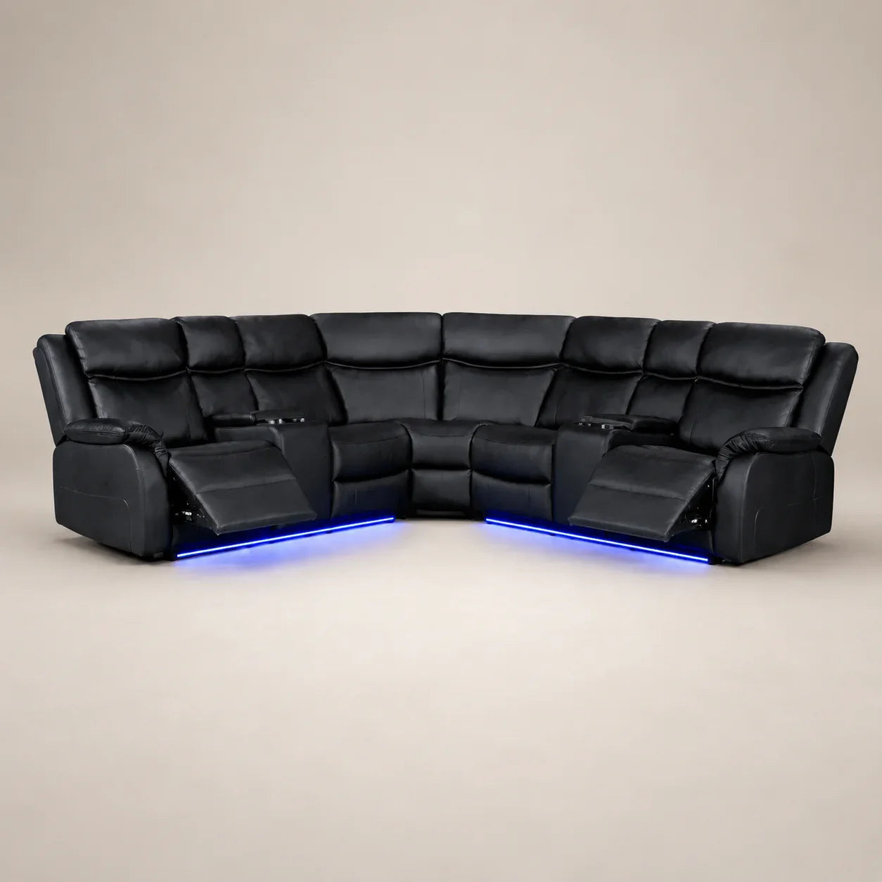 Black leather recliner sectional sofa with blue LED lighting and cup holders