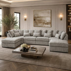 Luxury grey sectional sofa with chaise lounges in elegant living room, perfect for modern home interiors.