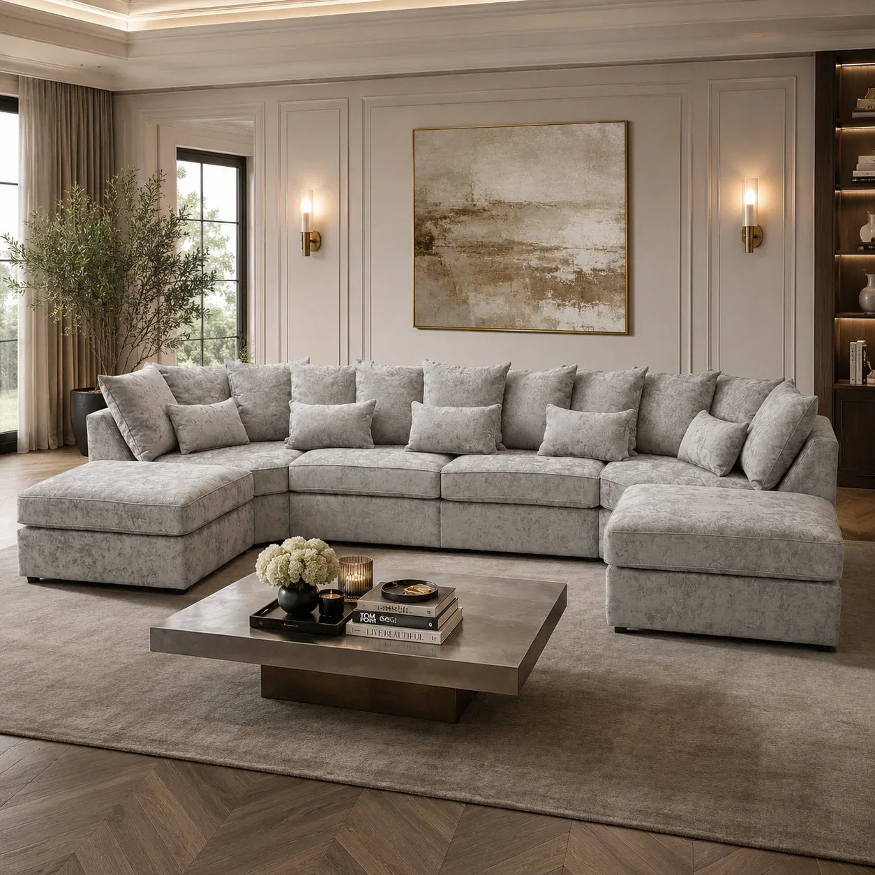 Luxury grey sectional sofa with chaise lounges in elegant living room, perfect for modern home interiors.