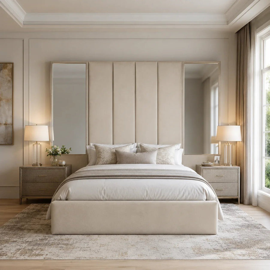 Luxury beige upholstered bed with mirrored headboard panels, modern nightstands, and soft bedding in a bright bedroom.