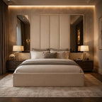 Luxury upholstered bed with tufted headboard, ambient lighting, and mirrored panels in modern bedroom