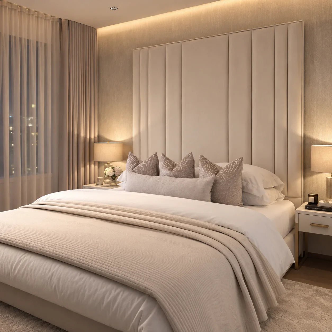 Luxury upholstered bed with tall panel headboard, neutral bedding, and ambient lighting in modern bedroom