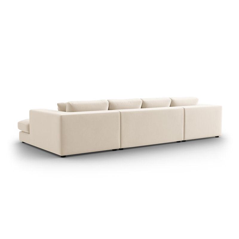 Modern U-shape luxury sofa in cream color with plush back cushions, rear view