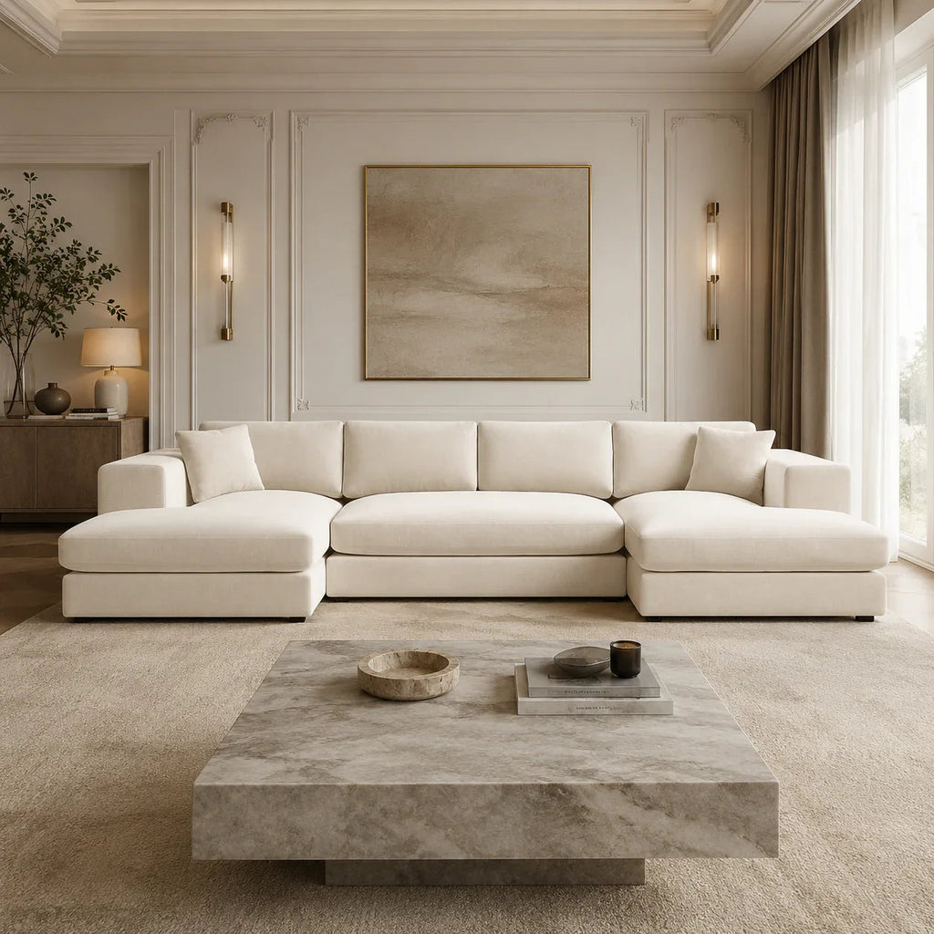 Luxury cream sectional sofa in elegant living room with marble coffee table and ambient lighting