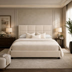 Luxury beige upholstered bed with tufted headboard in modern bedroom, perfect for UK home interiors