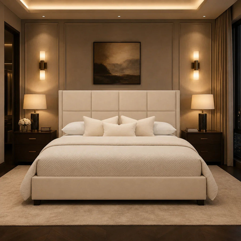 Luxury upholstered bed with tufted headboard in modern bedroom, neutral tones, ambient lighting