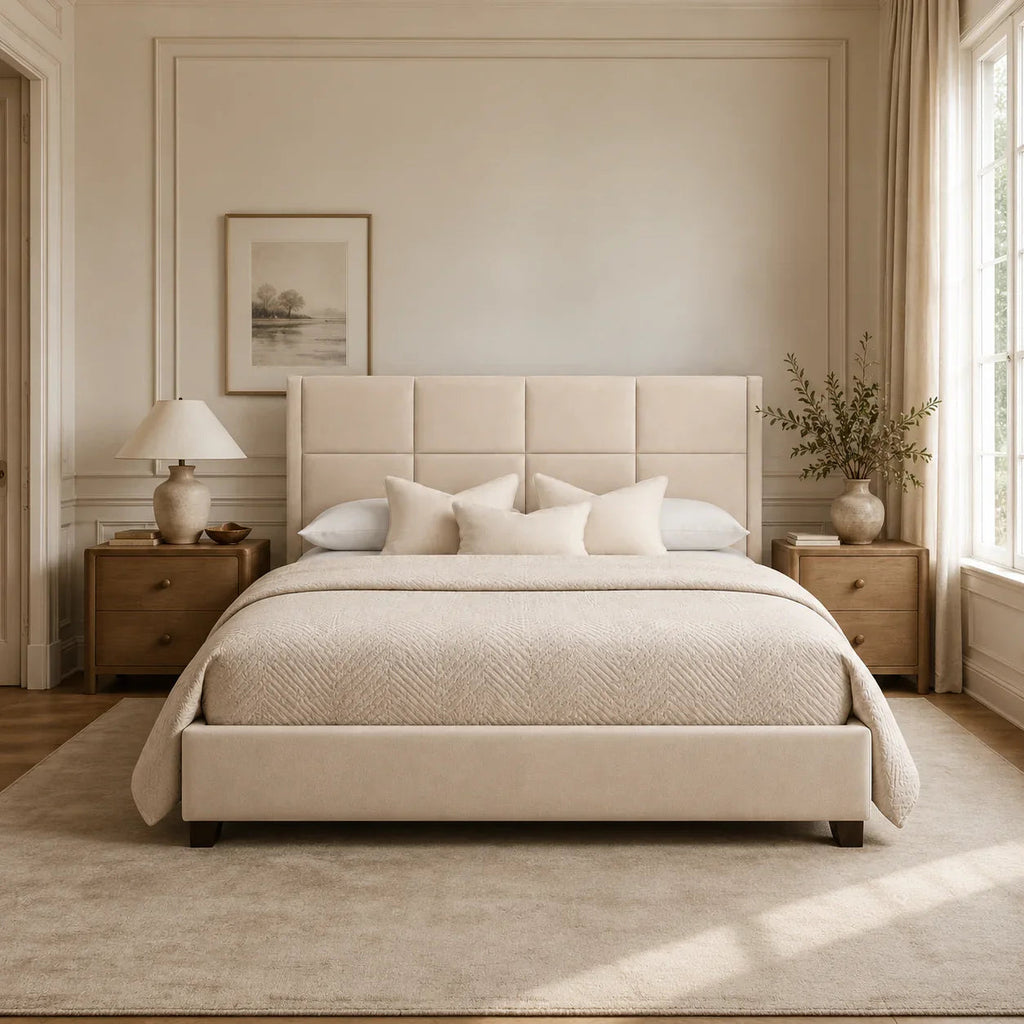 Luxury beige upholstered bed with tufted headboard in elegant bedroom, perfect for modern comfort