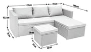 White wicker sectional sofa with ottoman, dimensions shown, luxury outdoor furniture