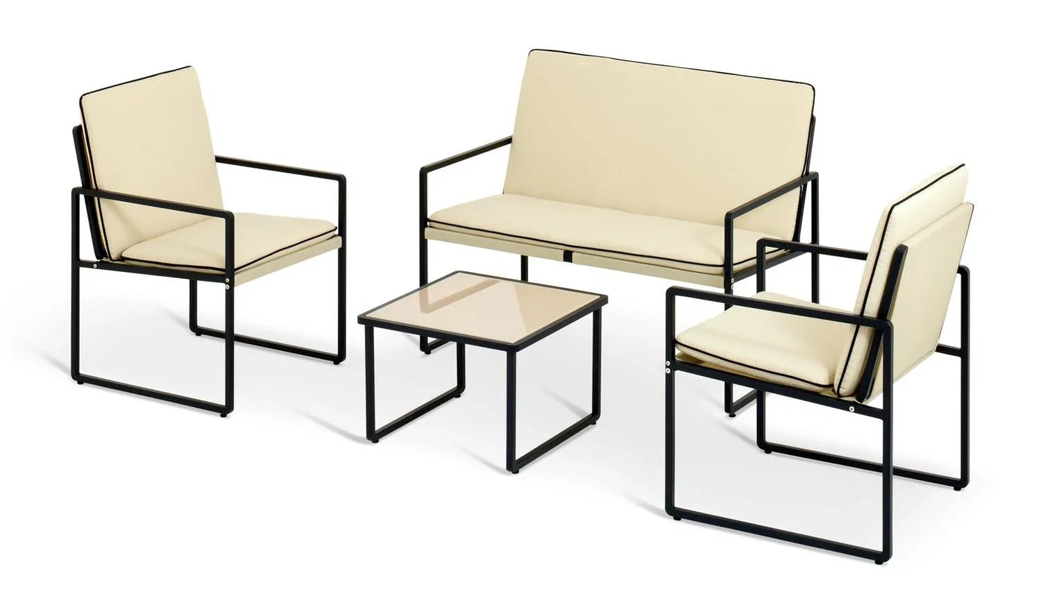 Modern cream sofa set with black metal frames and matching side table, luxury living room furniture