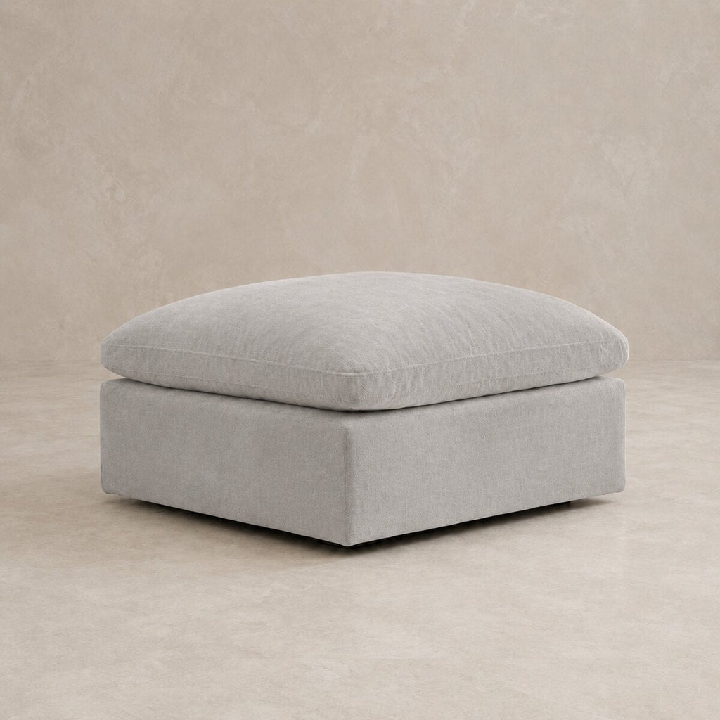 Nuvola Feather-Filled Matching Footstool in Plush Velvet Silver — CK Living