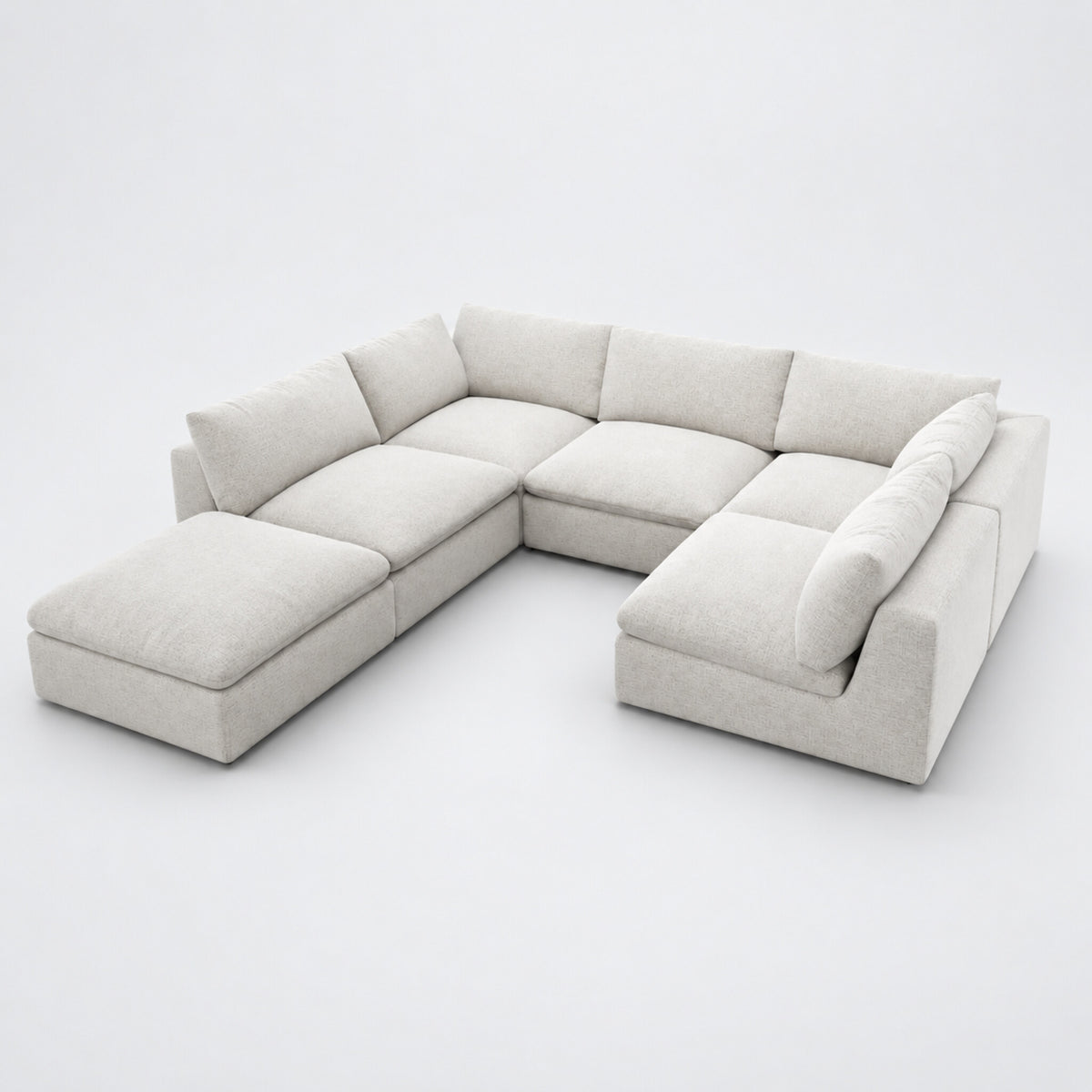 Nuvola Pit-Sectional Feather Cinema Sofa vanilla u layout exact configuration on cold light grey studio background — CK Living