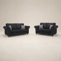 Black fabric sofas with rolled arms and plaid cushions, luxury living room furniture