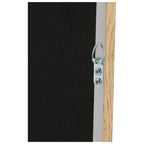 Black textured panel with silver metal latch and oak wood edge detail