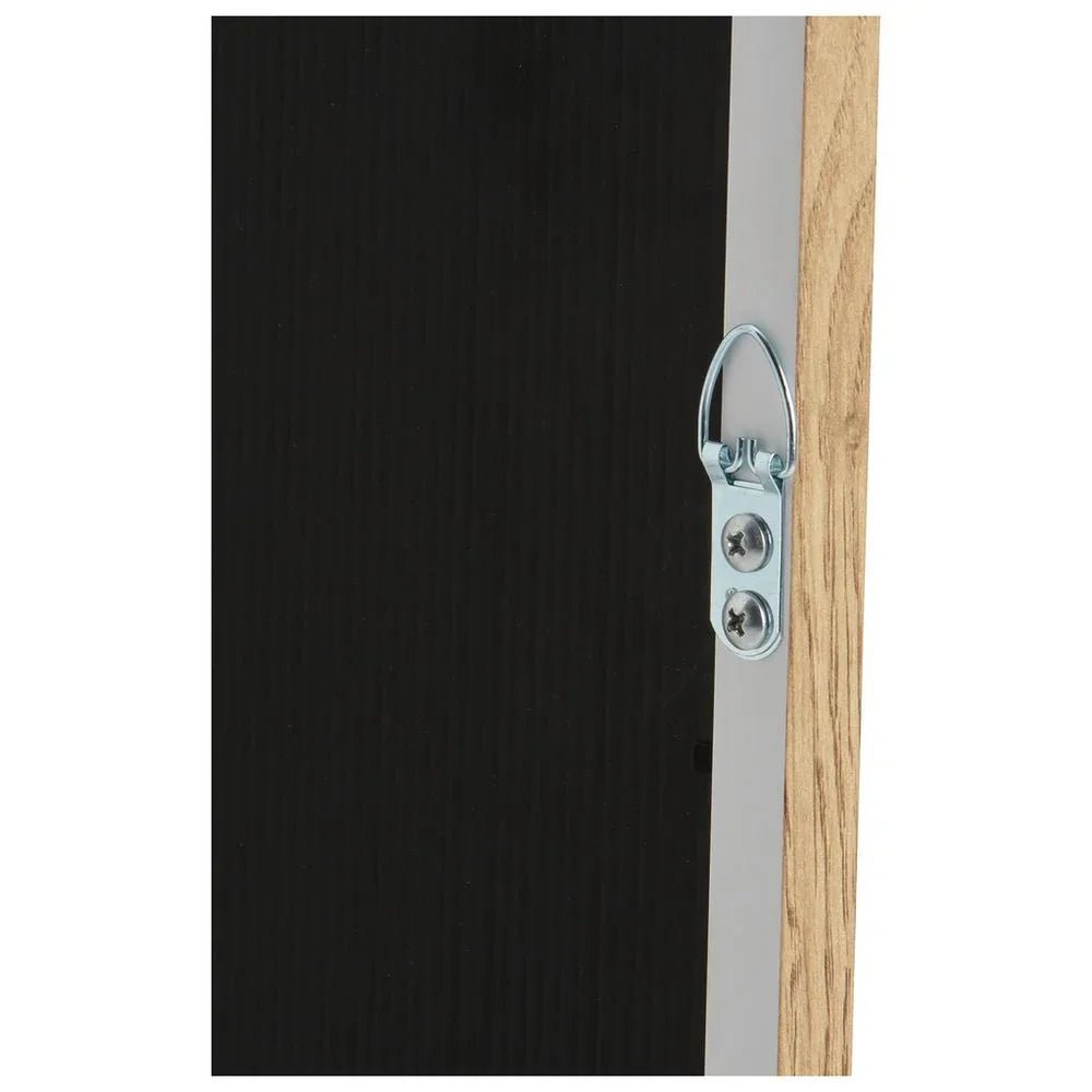 Black textured panel with silver metal latch and oak wood edge detail