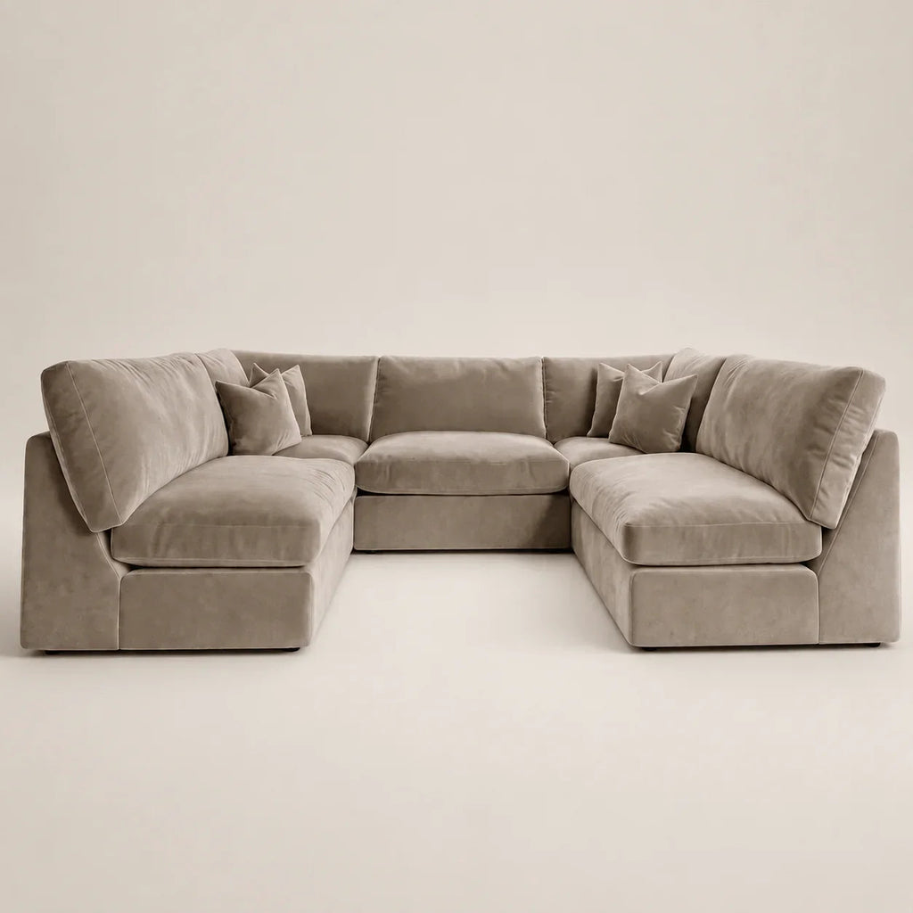 Luxury beige velvet sectional sofa with chaise lounges and plush cushions, perfect for modern living rooms