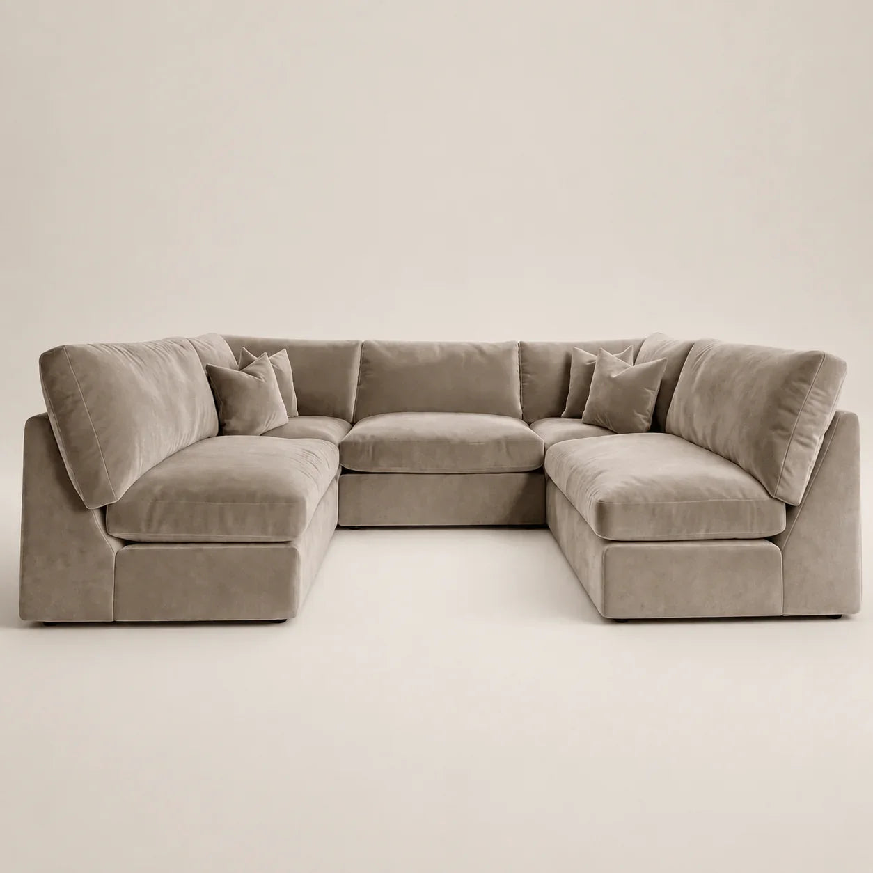 Luxury beige velvet sectional sofa with chaise lounges and plush cushions, perfect for modern living rooms