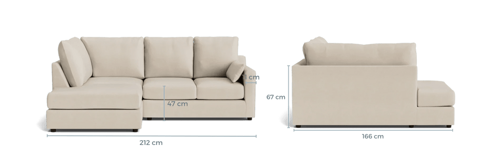 Beige L-shaped sofa with chaise, shown from front and side, labelled dimensions 212x166x67 cm